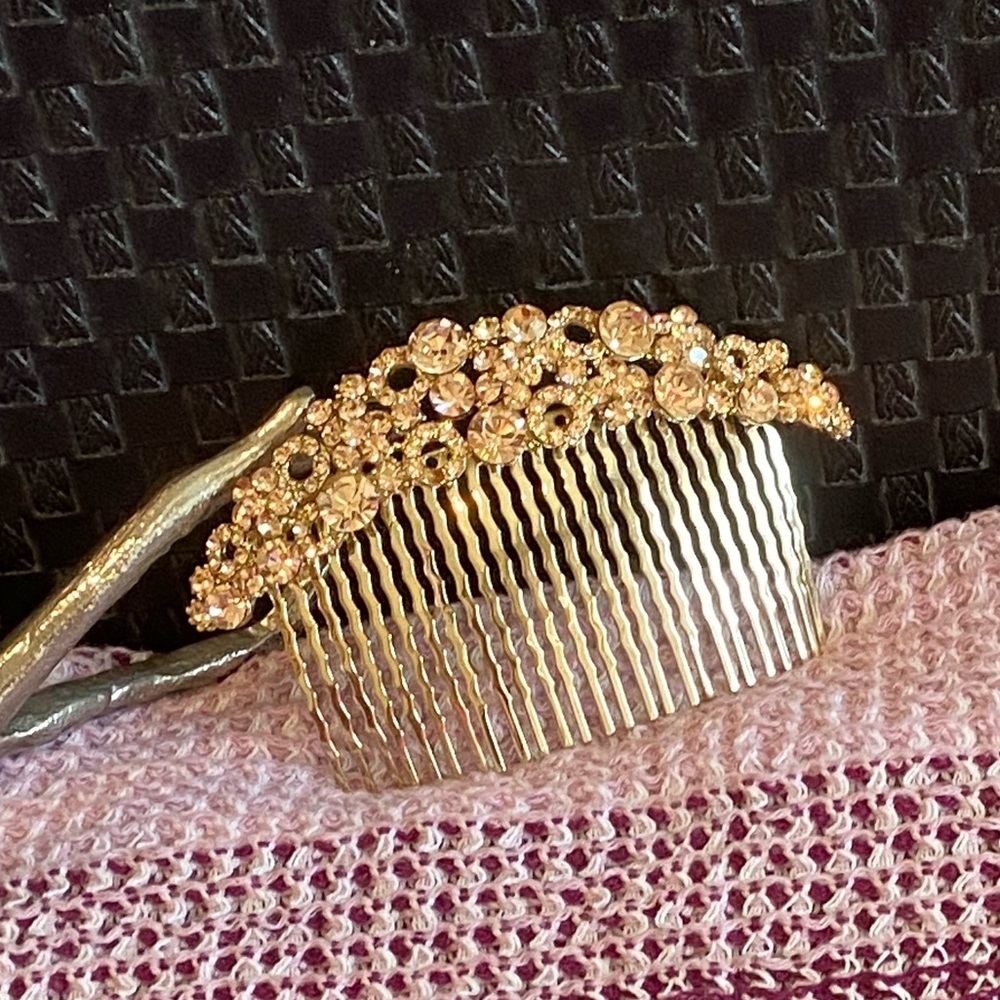 New! Gold Hair Clip Comb Peach Rhinestones - Picture 5 of 11